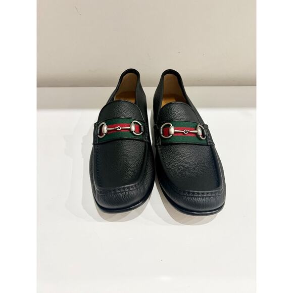 Gucci Horsebit Web Trim Slip On Block Heel Leather Loafer Shoes Black Men's 10.5 - Picture 3 of 7